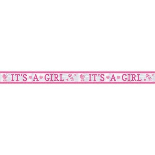 "25-foot foil banner in pastel colors reading 'It's a Girl!' perfect for baby showers and birthday celebrations."