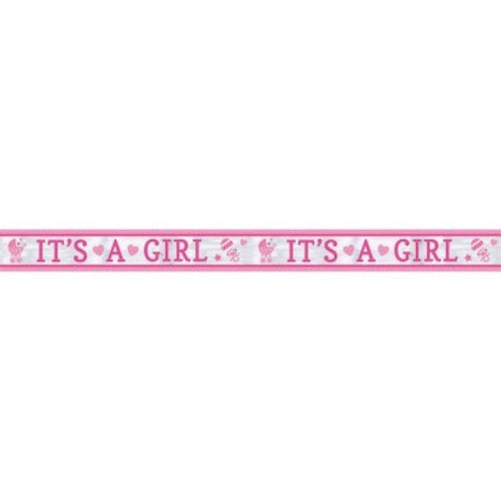 "25-foot foil banner in pastel colors reading 'It's a Girl!' perfect for baby showers and birthday celebrations."