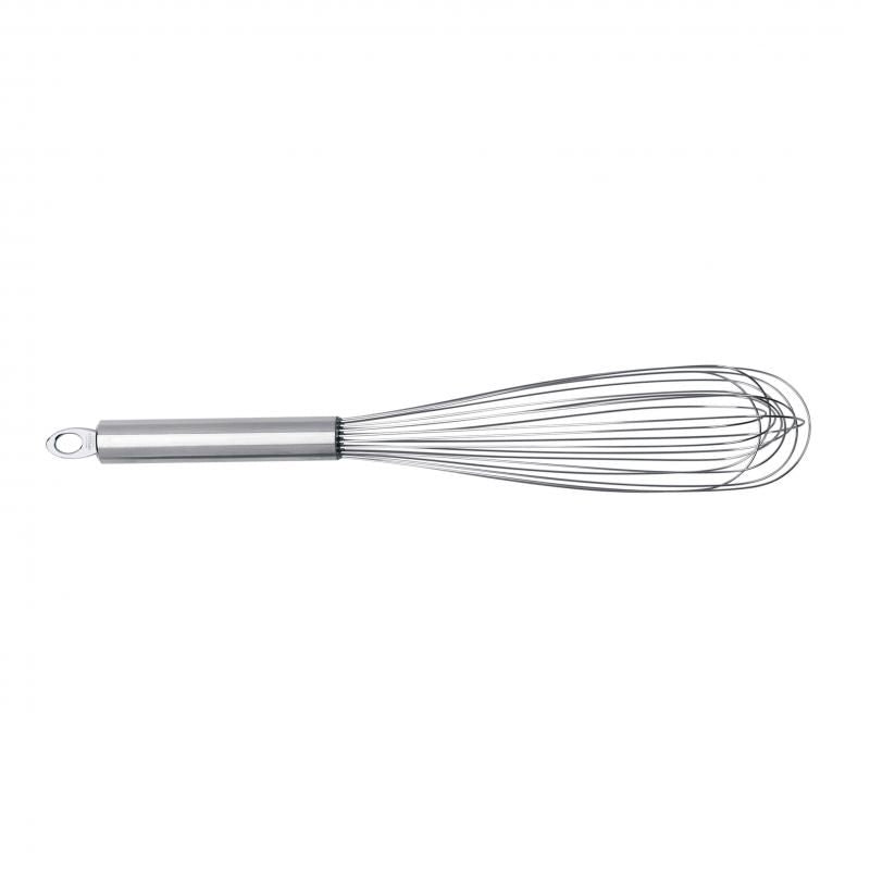 Durable Cuisipro stainless steel egg whisk with flexible wires, brushed handle, and integrated eyelet for easy storage.