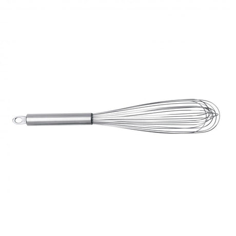 Durable Cuisipro stainless steel egg whisk with flexible wires, brushed handle, and integrated eyelet for easy storage.