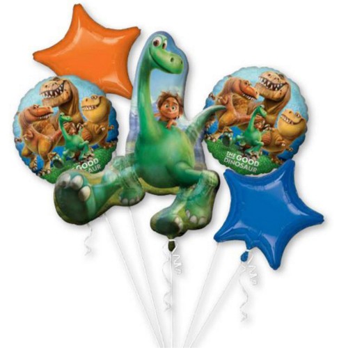 Colorful Good Dinosaur foil balloon bouquet, including 1 shaped and 4 standard balloons, perfect for children's parties.