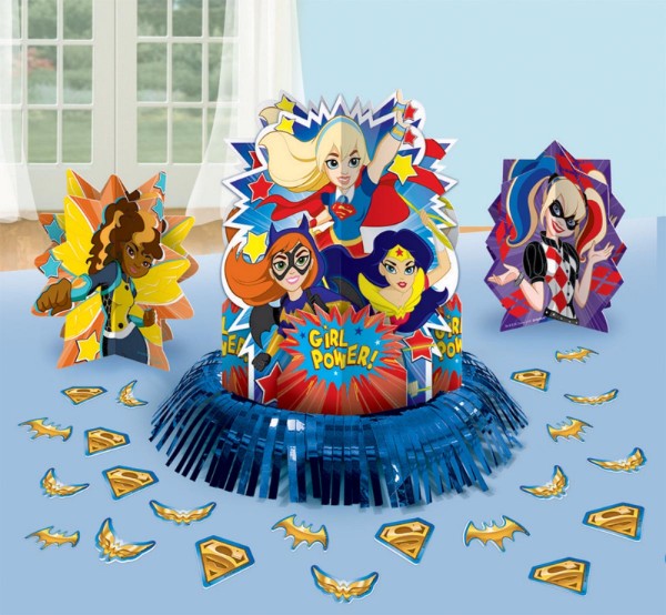 Colorful Table Decorations Kit featuring DC Superhero Girls with fringe centerpiece, 3-D paper centerpieces, and confetti.