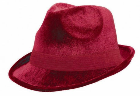 Burgundy velour fedora hat, 5" x 12", combines elegance and comfort for a stylish accessory suitable for any occasion.