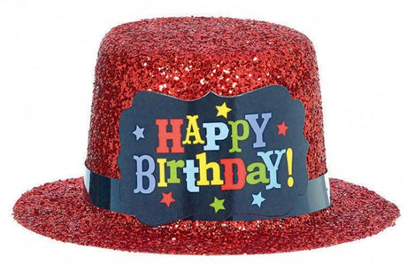 Vibrant 2-inch glitter mini hat in bright colors, perfect for birthday celebrations and festive events, made from durable plastic.