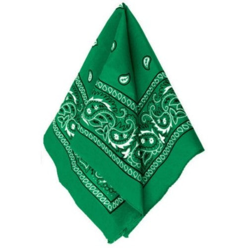Vibrant green 20" x 20" polyester bandana, perfect for outdoor fun, fashion, and versatile styling options.