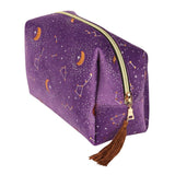 Purple velvet makeup bag with gold crescent moon details and tassel, perfect for astrology lovers and stylish organization.