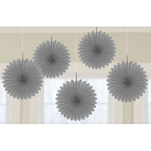 Set of 5 silver mini paper fans, 6", perfect for adding elegance to any party decor or event.