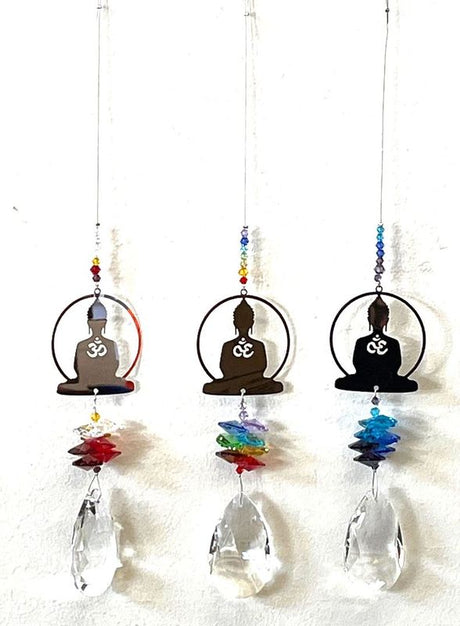 Set of 12 Buddha suncatchers, each unique, spreading light and color while promoting tranquility and mindfulness in your space.