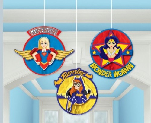 Colorful honeycomb decorations featuring DC Superhero Girls, perfect for vibrant party decor and celebrations.