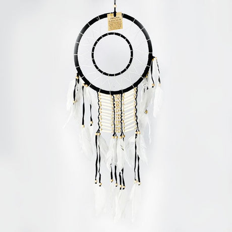 Native American Dreamcatcher 22cm with white string web, crocheted center, beads, tassels, and feathers for positive energy.