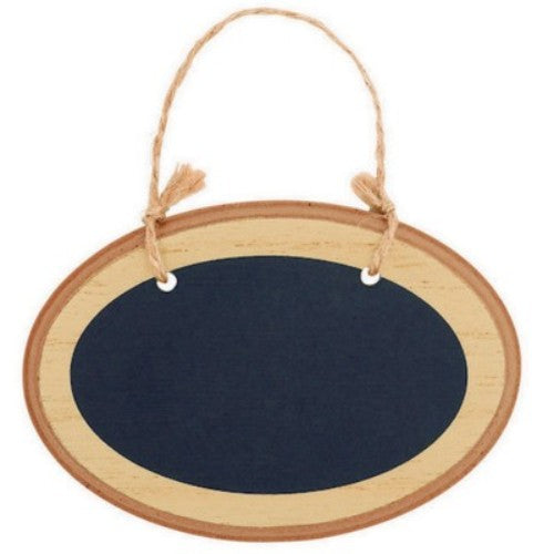 Mini oval chalkboard sign with natural finish and twine hanger, perfect for home decor and personal messages.