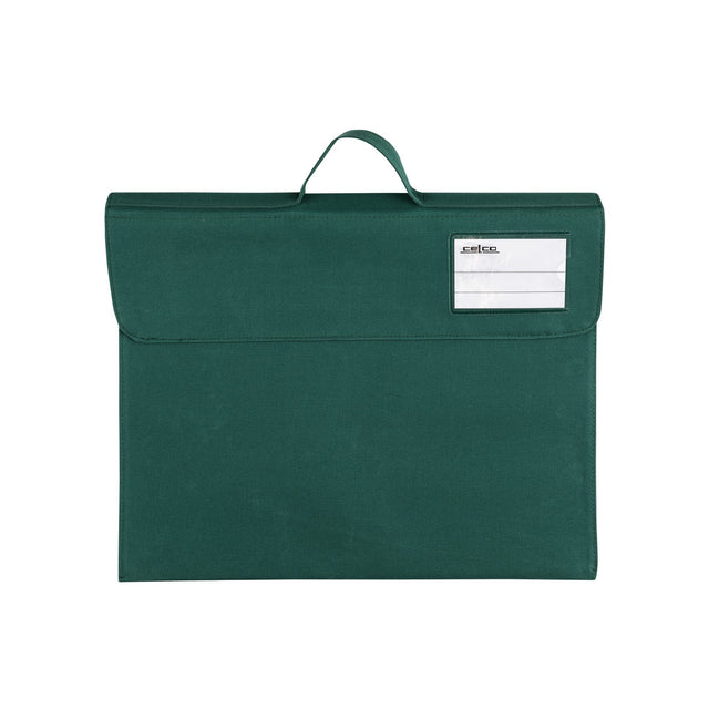 Vibrant green CELCO library bags (pack of 10) with heavy-duty polyester, carry handle, and hook-and-loop closure for book organization.