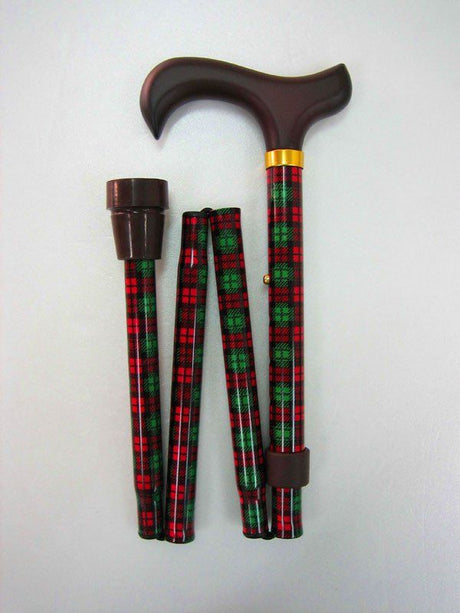 Stylish Scottish Tartan Checks Walking Stick, height adjustable 80-92cm, folds for easy storage, perfect for stability and flair.