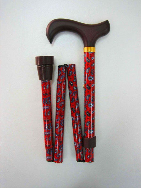 Elegant paisley walking stick, foldable into 4 sections, height adjustable 80-92cm, perfect for style and mobility support.