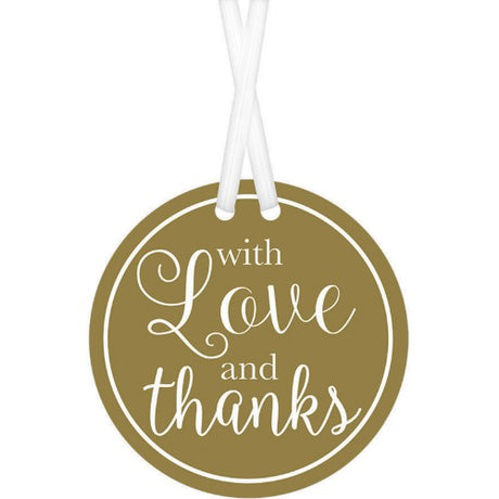 Gold "With Love & Thanks" tags, pack of 25, ideal for elegant gift wrapping and DIY projects, featuring pre-punched holes for easy use.