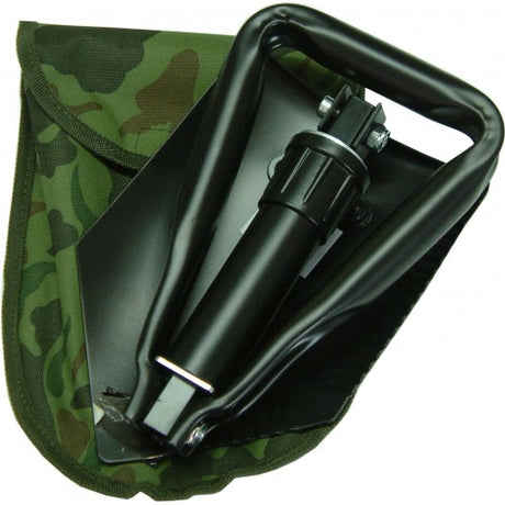 Folding camp shovel in camo pouch, featuring collapsible design, serrated edge, and durable carbon steel construction.