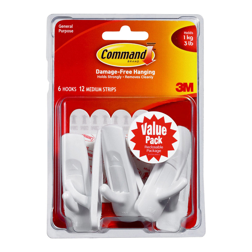 3M Command Hook 17001-6 Medium White Value Pk/6