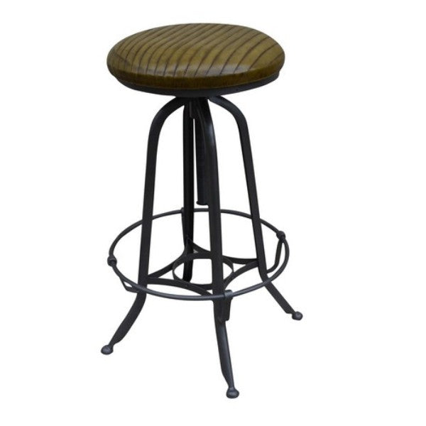 Industrial leather barstool with adjustable height, robust metal frame, and stylish design for modern or rustic decor.