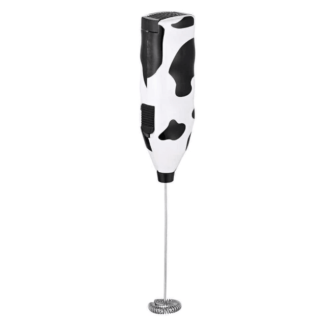 Compact milk frother shaped like a cow, perfect for lattes, cappuccinos, and more; user-friendly and battery-operated.