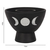 Black terracotta smudge bowl featuring a triple moon design, ideal for smudging herbs and enhancing spiritual practices.
