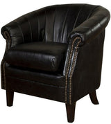 Premium Roosevelt Tub Belon Black leather chair with solid Birch frame, three-level cushioning, and elegant brass nail detailing.