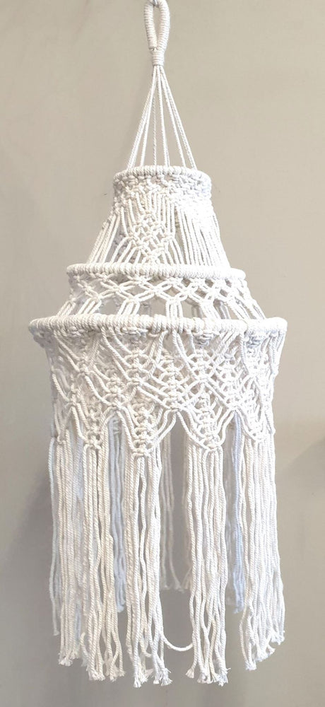 Macrame 3 Tier Lamp Shade in elegant bohemian design, perfect for soft lighting and enhancing home decor.