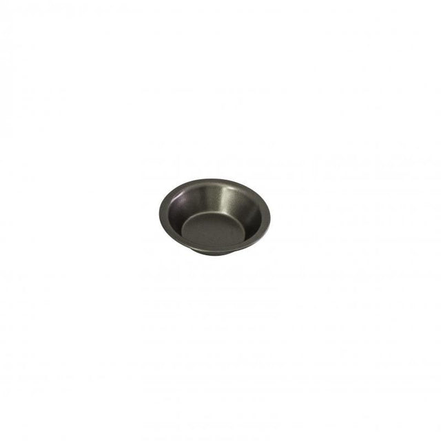 Bakemaster 10x3cm non-stick round pie dish for individual pies, made from durable carbon steel for even baking.