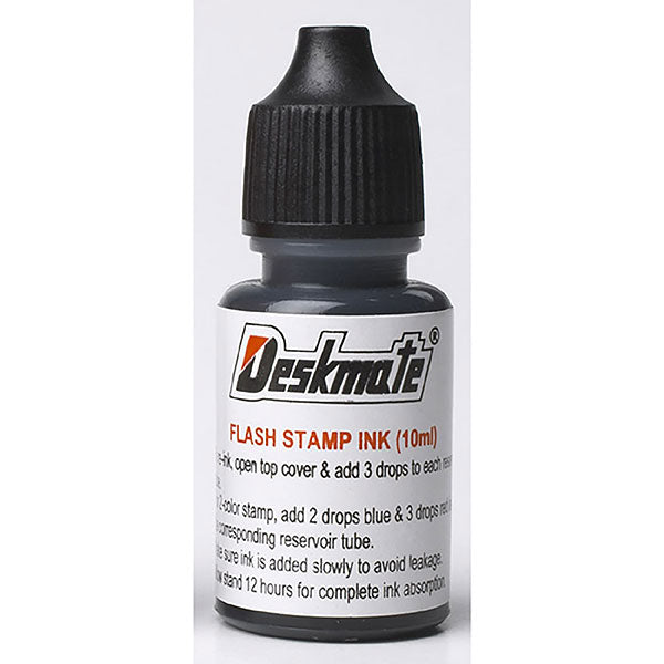 Deskmate 30ml black refill ink for stamp pads, featuring smooth application and long-lasting color for home and office use.