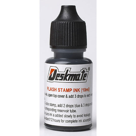 Deskmate 30ml black refill ink for stamp pads, featuring smooth application and long-lasting color for home and office use.