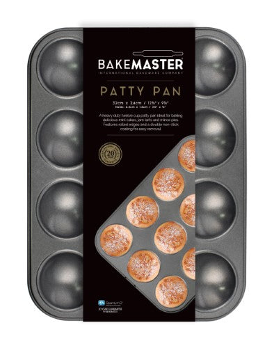 Heavy-duty 12 cup patty pan with non-stick coating, rolled edges, perfect for mini cakes and pastries, 32 x 24cm.