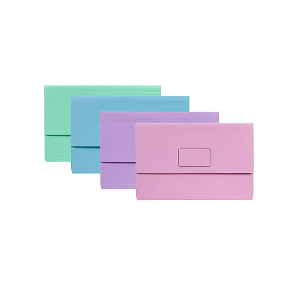 Pastel document wallet with a 30mm gusset, name panel for labeling, and durable manilla board for easy organization.