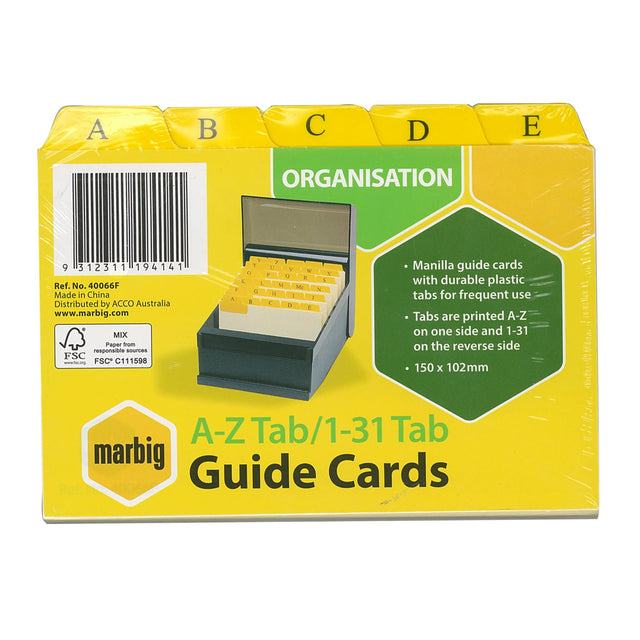 Manilla guide cards with A-Z/1-31 tabs for efficient organization in home, office, or classroom settings.