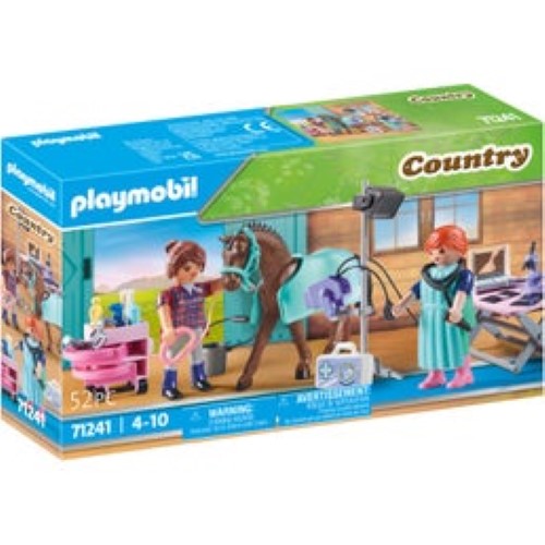 Playmobil Veterinarian for Horses set with figures, horse, X-ray machine, and accessories for imaginative veterinary play.