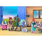 Playmobil Veterinarian For Horses set featuring figures, horse, mobile X-ray machine, and veterinary tools for imaginative play.