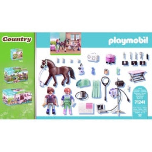 Playmobil Veterinarian for Horses set featuring vet figures, horse, mobile X-ray machine, and veterinary tools for imaginative play.