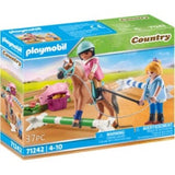 Playmobil Riding Lessons set with figures, horse, jumping obstacle, and accessories for imaginative equestrian play.