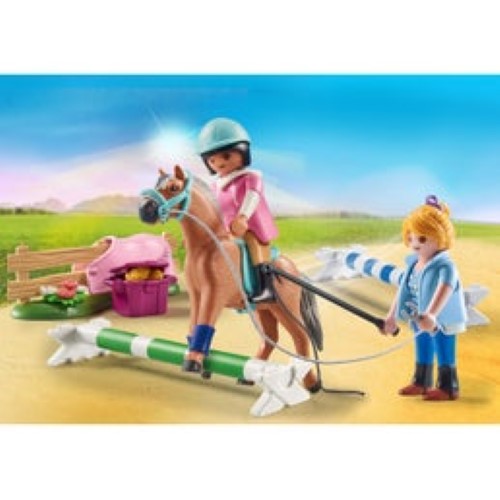 Colorful PLAYMOBIL Riding Lessons playset with figures, horse, jumping obstacle, and riding accessories for imaginative play.