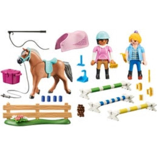 PLAYMOBIL Riding Lessons set with figures, toy horse, jumping obstacle, and riding accessories for imaginative equestrian play.