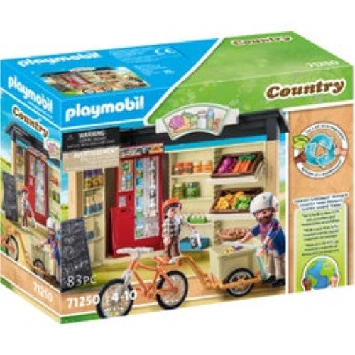 Playmobil Country Farm Shop set featuring a charming farm shop, figures, fresh produce, and a milk vending machine for imaginative play.