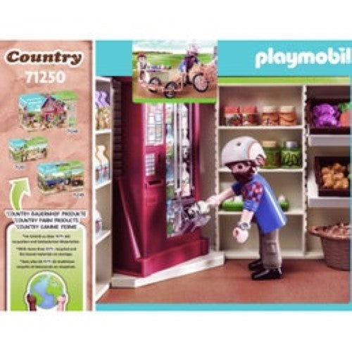 Playmobil Country Farm Shop with figures, a self-service area, and fresh produce for interactive farming and shopkeeping play.