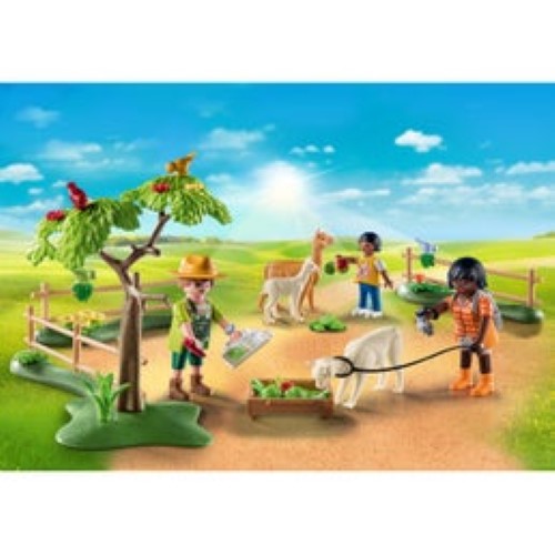 Playmobil Alpaca Hike set featuring interactive fluffy alpacas, halters, and green fodder for imaginative play and learning.