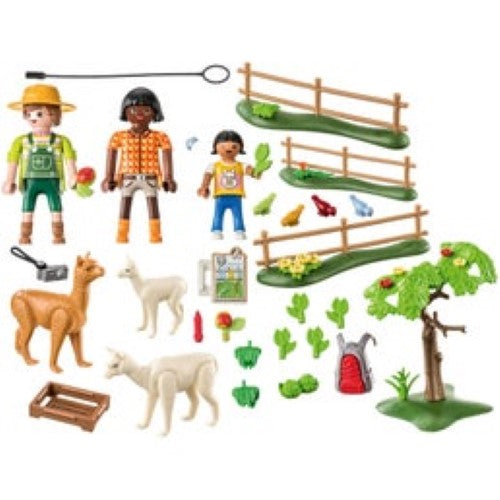 Playmobil Alpaca Hike set with cute alpacas, halters, and green fodder for interactive, imaginative play and learning about alpaca care.