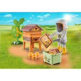 Playmobil Beekeeper set featuring a gentle beekeeper, beehive, and smoker, introducing kids to bees and honey production.