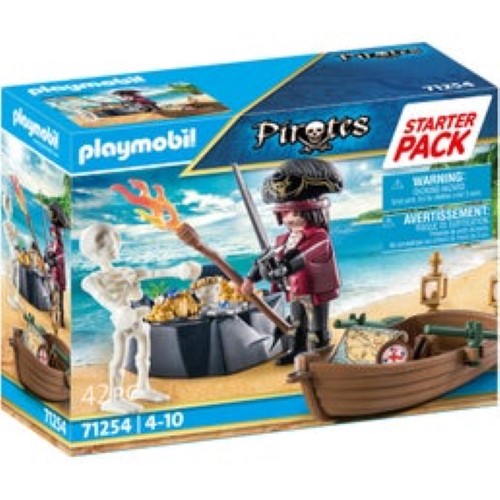 Playmobil Pirate set features a pirate figure, rowing boat, treasure, skeleton, and accessories for imaginative adventures.