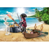 Playmobil pirate figure with boat, accessories, treasure, and skeleton for imaginative adventures on the high seas.