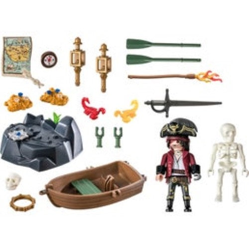 Playmobil Pirate figure with a rowing boat, accessories, and treasure, perfect for imaginative pirate adventures.