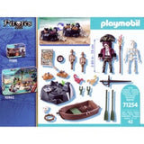 A Playmobil pirate figure with accessories, a rowing boat, and treasure features for imaginative play and adventures.