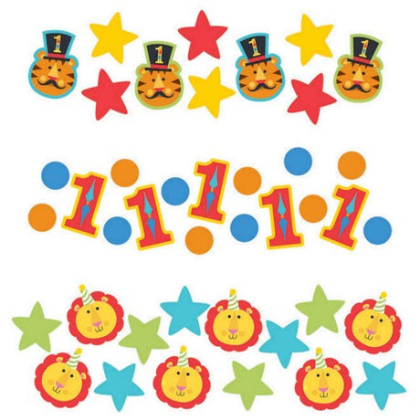 Colorful confetti featuring clowns and animals for a magical Fisher Price 1st Birthday Circus celebration.