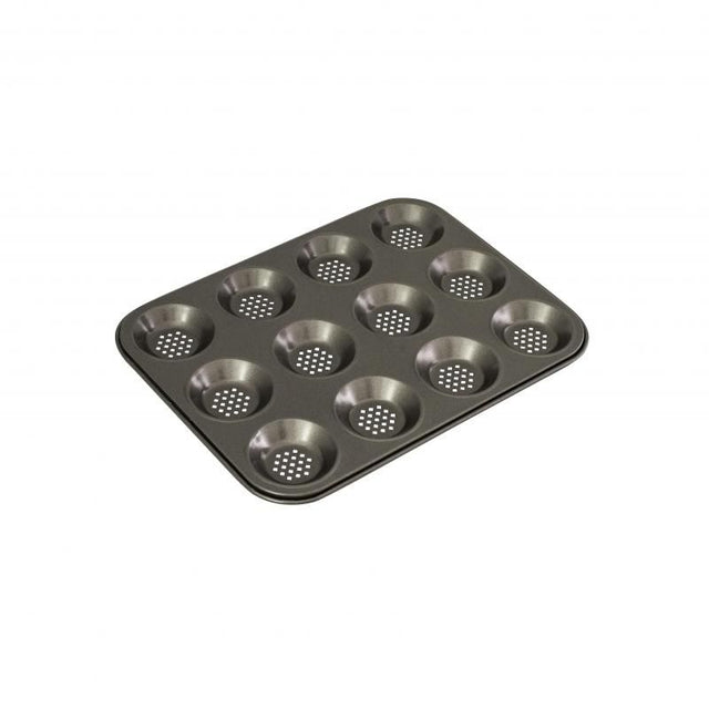 Bakemaster non-stick 12-cup shallow baking pan, perfect for tarts and pies, with durable carbon steel and steam-escape design.