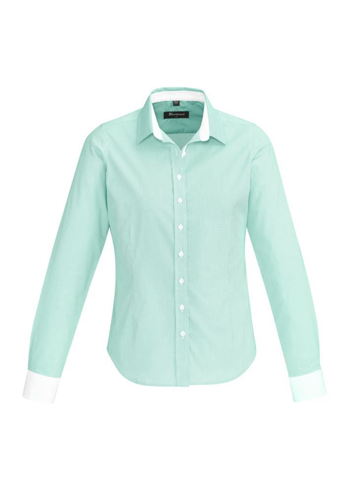 Fifth Avenue ladies long sleeve shirt in Dynasty Green features a fine stripe pattern, contrast trim, and a soft stretch cotton blend.